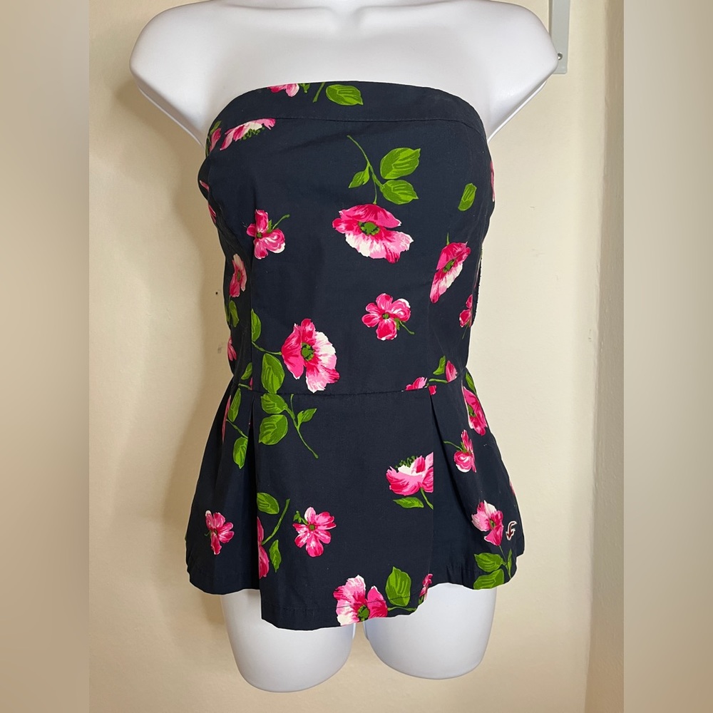 Vintage *Y2K* Hollister Navy Strapless Floral  Peplum Top-Size L